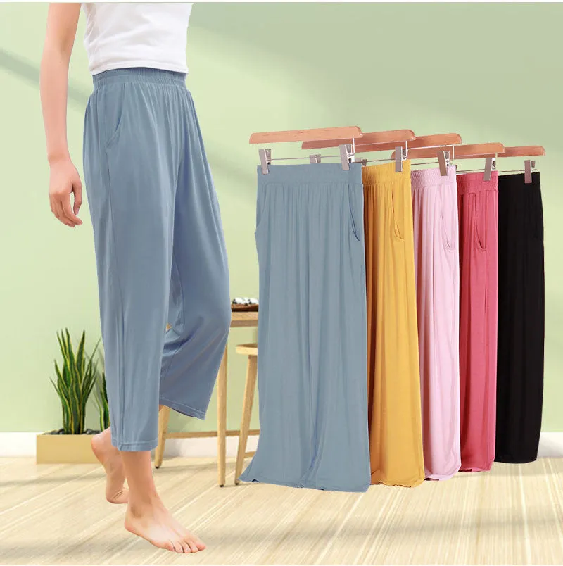 Modal Casual Pants Women Korean Loose High Waist Plus Size Pocket Straight Ankle-Length Pants