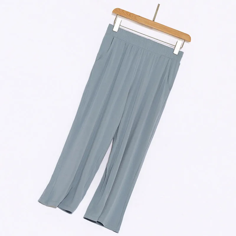 Modal Casual Pants Women Korean Loose High Waist Plus Size Pocket Straight Ankle-Length Pants