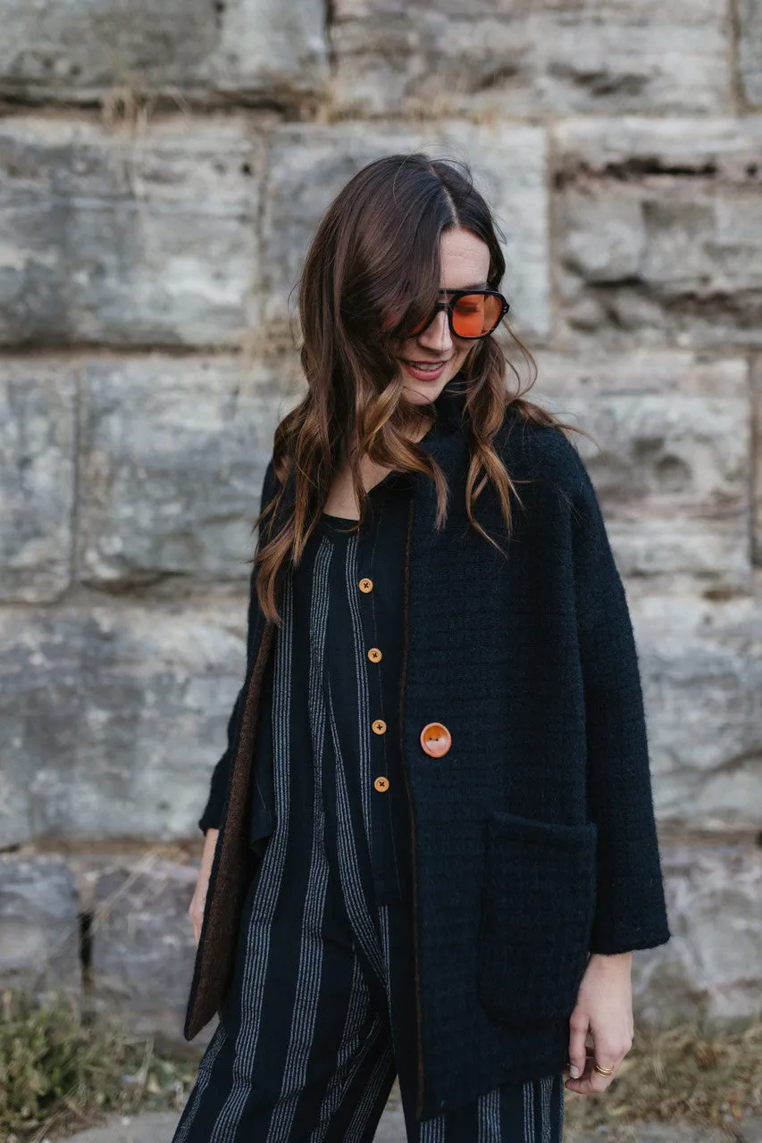 Portuguese Wool Pieper Coat in Black and Brown Accents - M Left