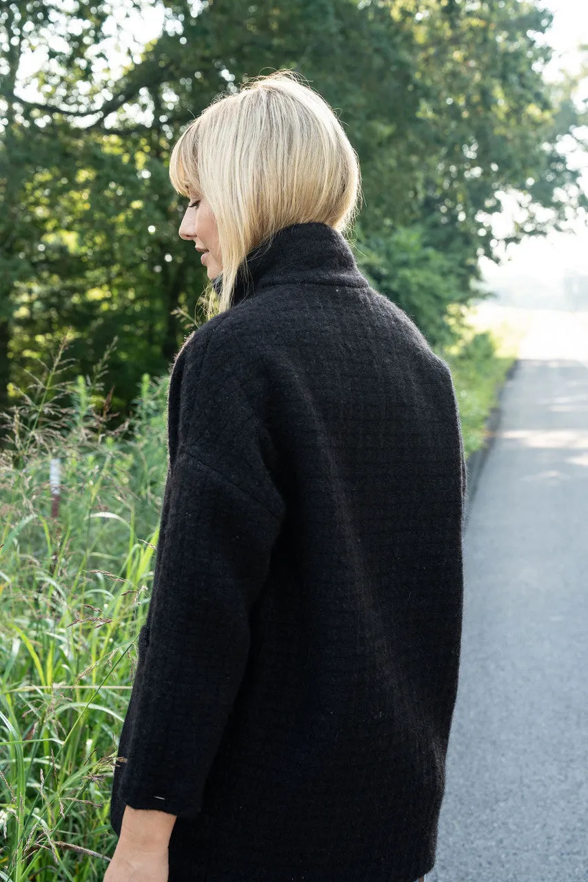 Portuguese Wool Pieper Coat in Black and Brown Accents - M Left