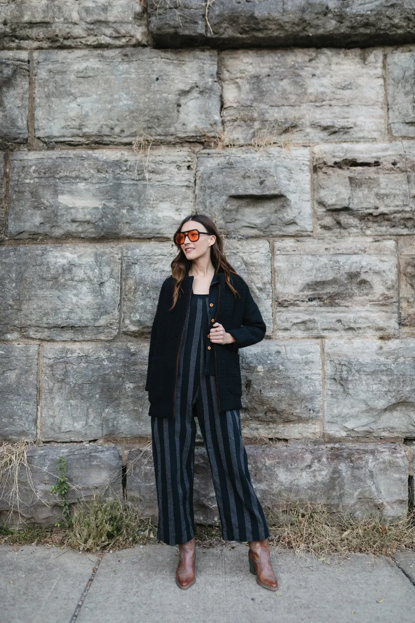 Portuguese Wool Pieper Coat in Black and Brown Accents - M Left