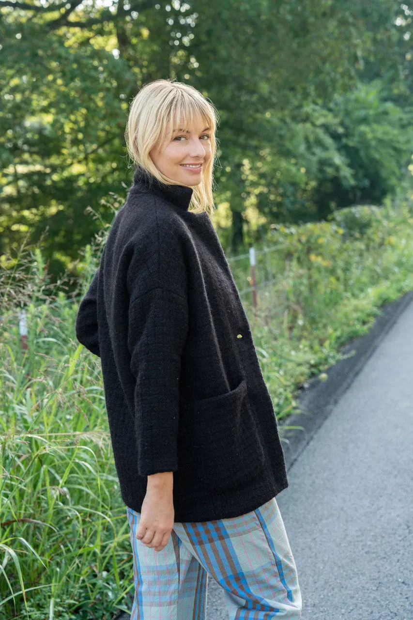 Portuguese Wool Pieper Coat in Black and Brown Accents - M Left