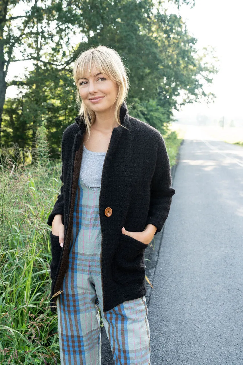 Portuguese Wool Pieper Coat in Black and Brown Accents - M Left