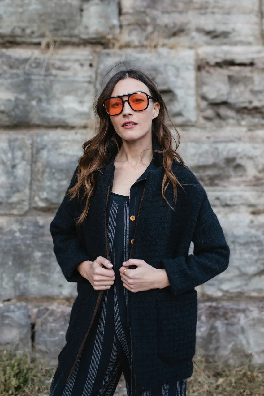 Portuguese Wool Pieper Coat in Black and Brown Accents - M Left