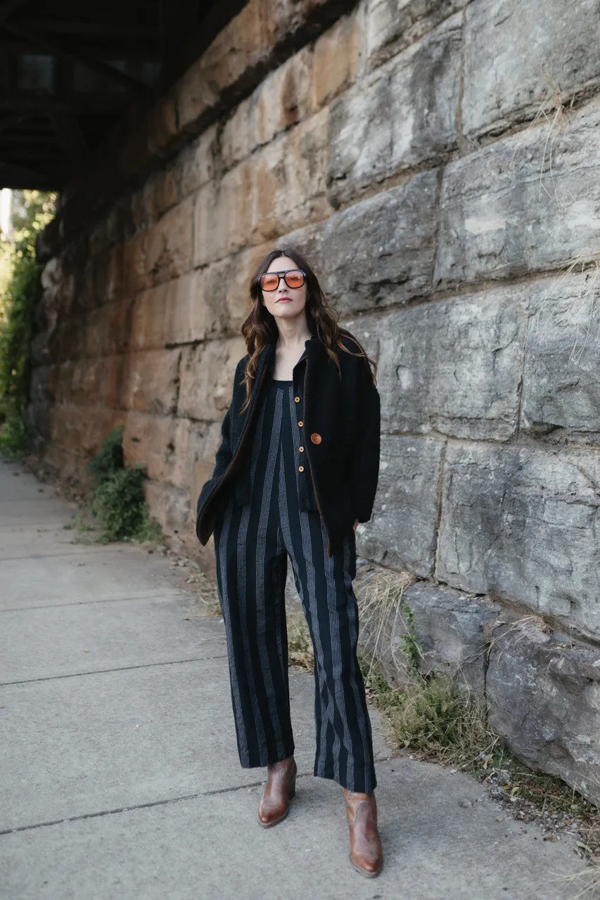 Portuguese Wool Pieper Coat in Black and Brown Accents - M Left