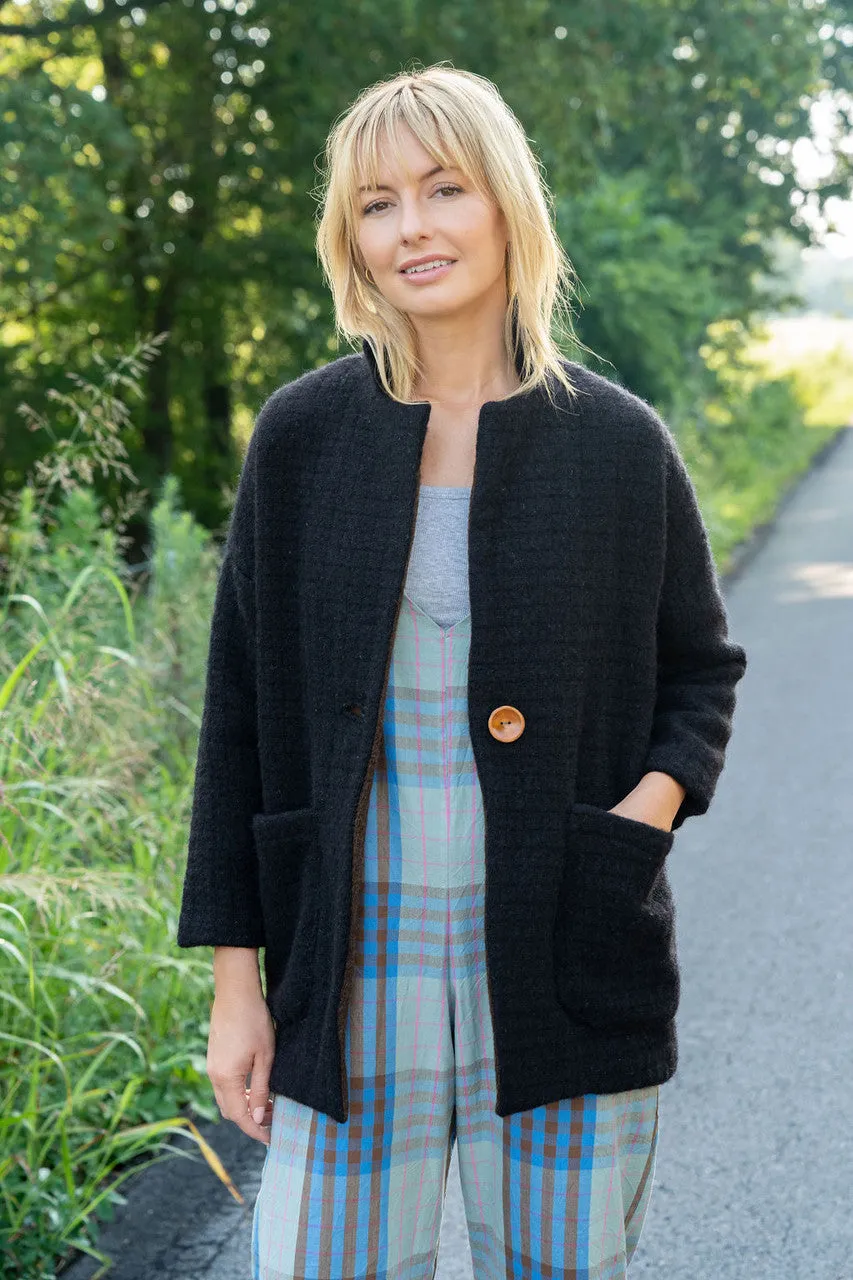 Portuguese Wool Pieper Coat in Black and Brown Accents - M Left
