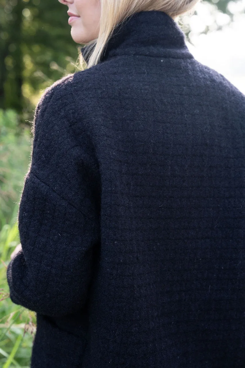 Portuguese Wool Pieper Coat in Black and Brown Accents - M Left
