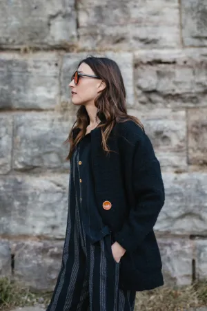 Portuguese Wool Pieper Coat in Black and Brown Accents - M Left