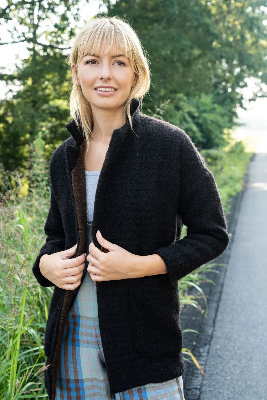 Portuguese Wool Pieper Coat in Black and Brown Accents - M Left