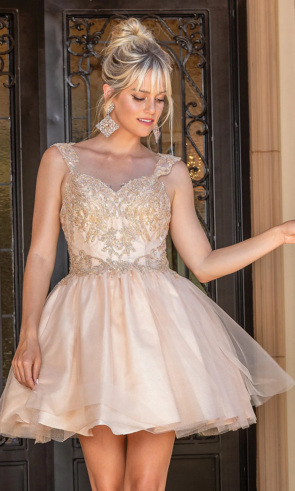 Short Embroidered Glitter Babydoll Party Dress