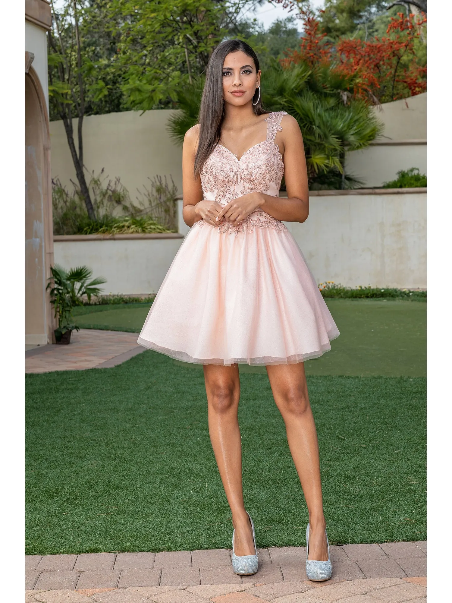 Short Embroidered Glitter Babydoll Party Dress