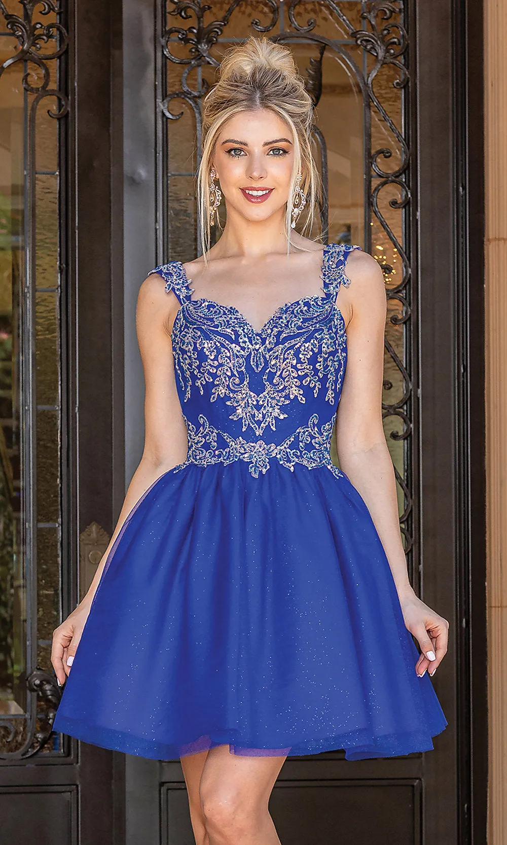 Short Embroidered Glitter Babydoll Party Dress