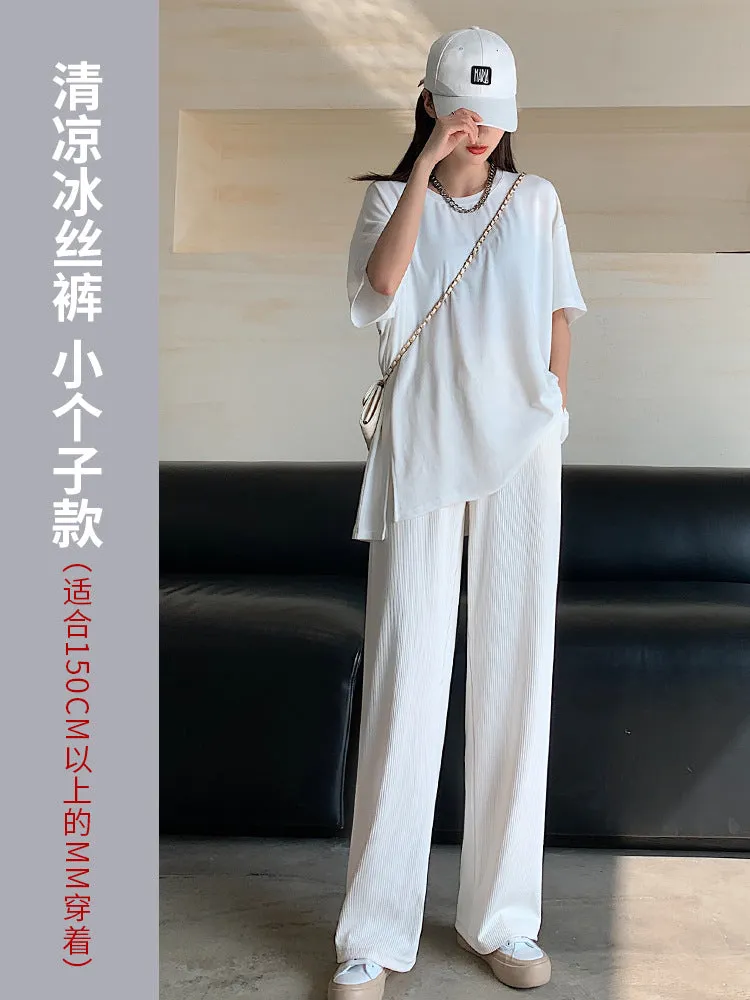 Silk Wide Leg Pants Women High Waist Drape Floor Length Straight Casual Thin Slim Look Knitted Pants