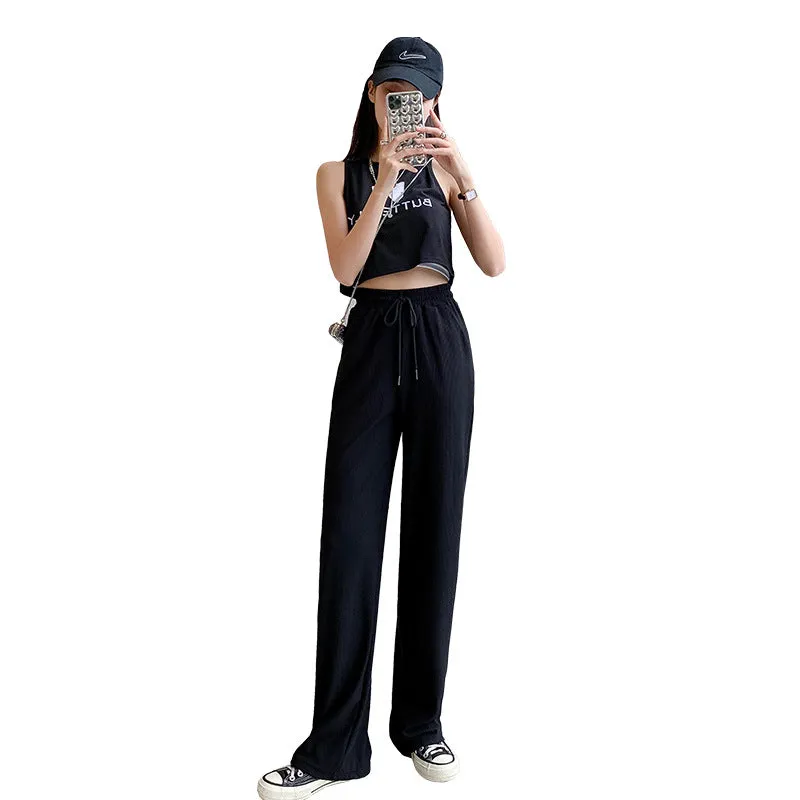 Silk Wide Leg Pants Women High Waist Drape Floor Length Straight Casual Thin Slim Look Knitted Pants