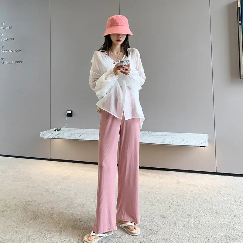 Silk Wide Leg Pants Women High Waist Drape Floor Length Straight Casual Thin Slim Look Knitted Pants