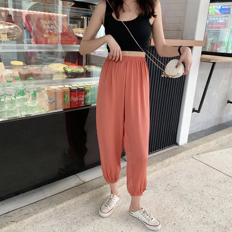 Summer Ice Silk Wide Leg Pants High Waist Slim Look Casual Women All-Matching Drape Loose Lantern Cool Pants