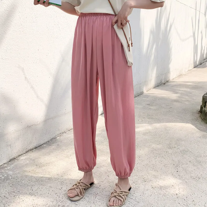 Summer Ice Silk Wide Leg Pants High Waist Slim Look Casual Women All-Matching Drape Loose Lantern Cool Pants