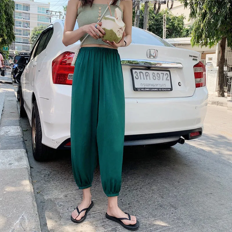 Summer Ice Silk Wide Leg Pants High Waist Slim Look Casual Women All-Matching Drape Loose Lantern Cool Pants