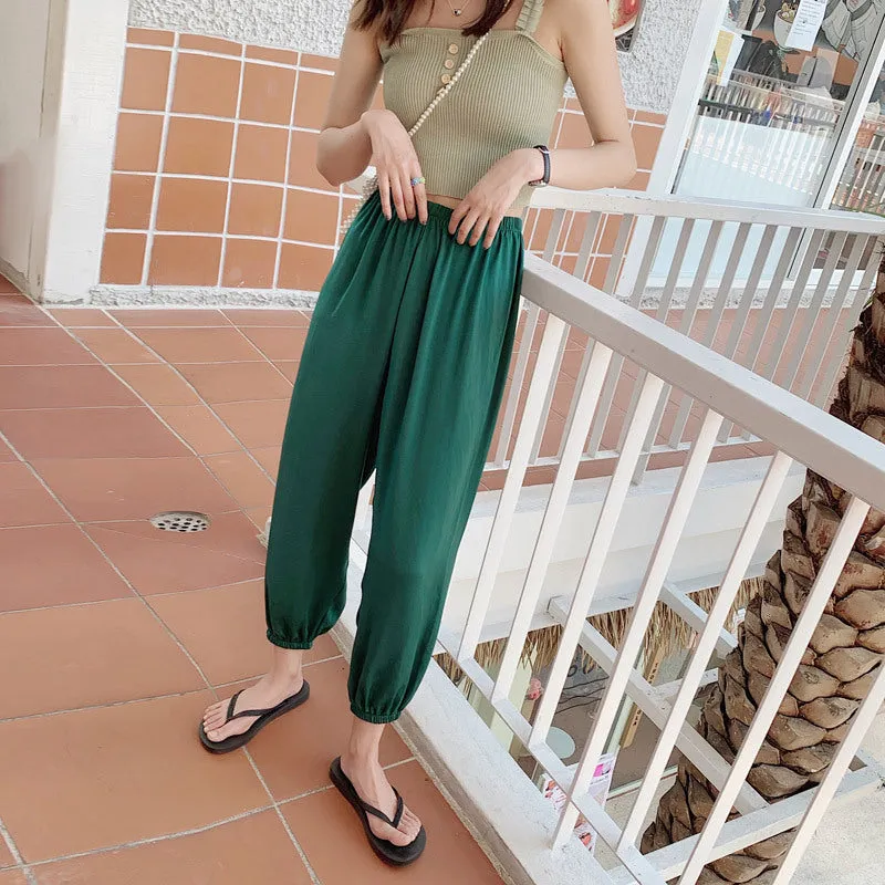 Summer Ice Silk Wide Leg Pants High Waist Slim Look Casual Women All-Matching Drape Loose Lantern Cool Pants