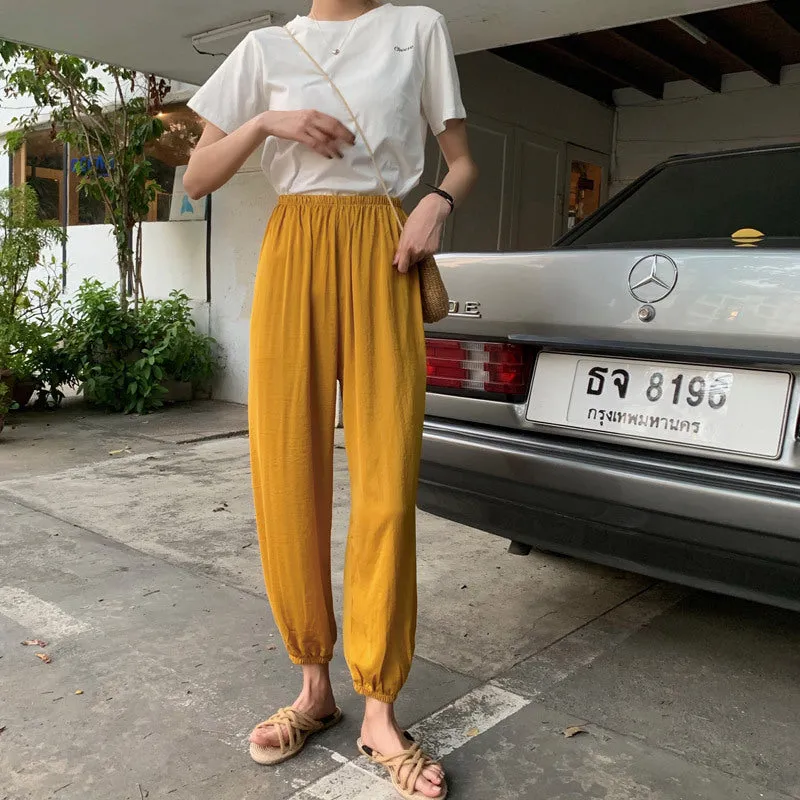 Summer Ice Silk Wide Leg Pants High Waist Slim Look Casual Women All-Matching Drape Loose Lantern Cool Pants