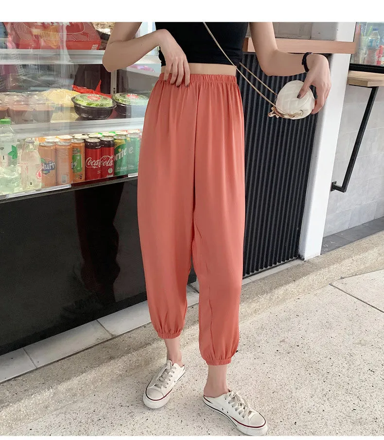 Summer Ice Silk Wide Leg Pants High Waist Slim Look Casual Women All-Matching Drape Loose Lantern Cool Pants
