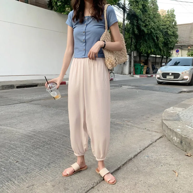 Summer Ice Silk Wide Leg Pants High Waist Slim Look Casual Women All-Matching Drape Loose Lantern Cool Pants