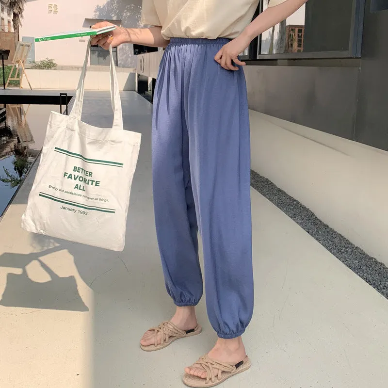 Summer Ice Silk Wide Leg Pants High Waist Slim Look Casual Women All-Matching Drape Loose Lantern Cool Pants