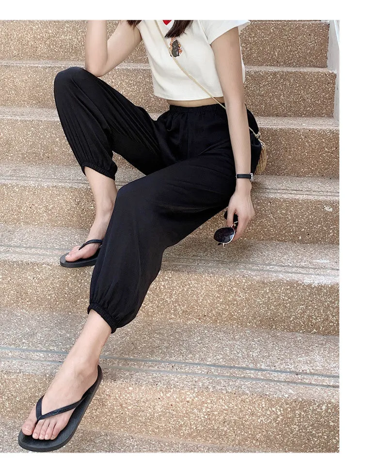 Summer Ice Silk Wide Leg Pants High Waist Slim Look Casual Women All-Matching Drape Loose Lantern Cool Pants