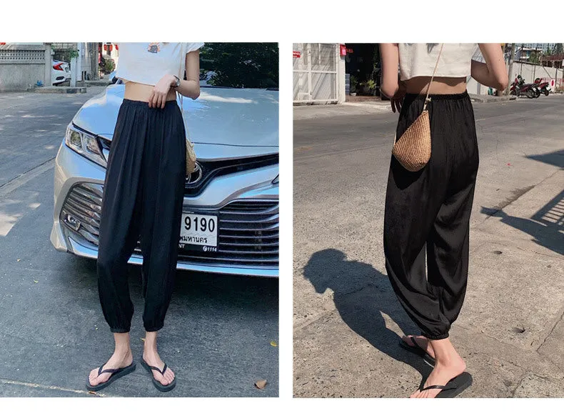 Summer Ice Silk Wide Leg Pants High Waist Slim Look Casual Women All-Matching Drape Loose Lantern Cool Pants