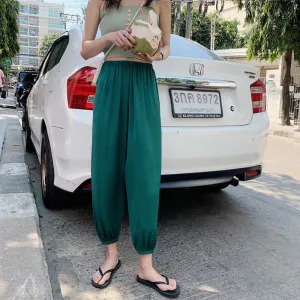 Summer Ice Silk Wide Leg Pants High Waist Slim Look Casual Women All-Matching Drape Loose Lantern Cool Pants