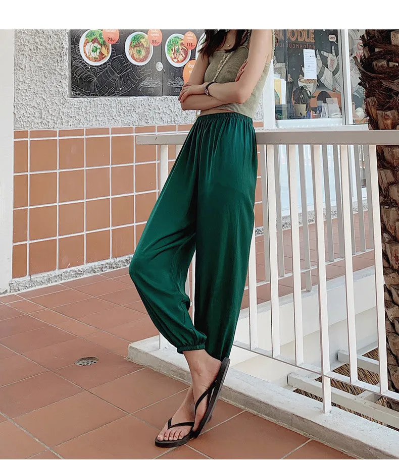 Summer Ice Silk Wide Leg Pants High Waist Slim Look Casual Women All-Matching Drape Loose Lantern Cool Pants