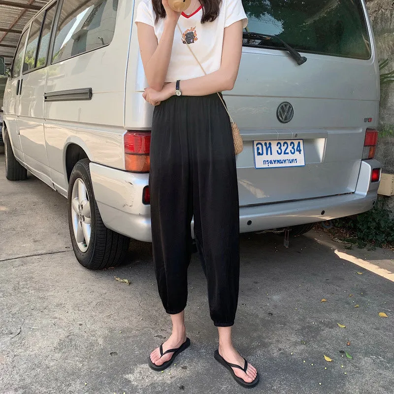 Summer Ice Silk Wide Leg Pants High Waist Slim Look Casual Women All-Matching Drape Loose Lantern Cool Pants