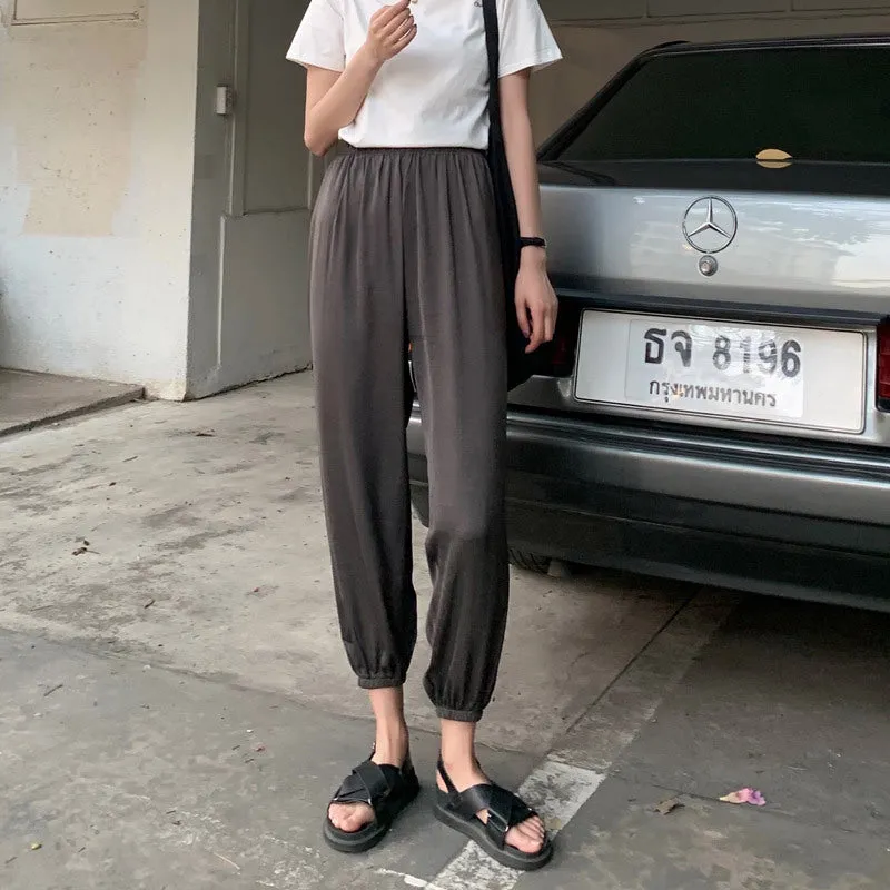 Summer Ice Silk Wide Leg Pants High Waist Slim Look Casual Women All-Matching Drape Loose Lantern Cool Pants
