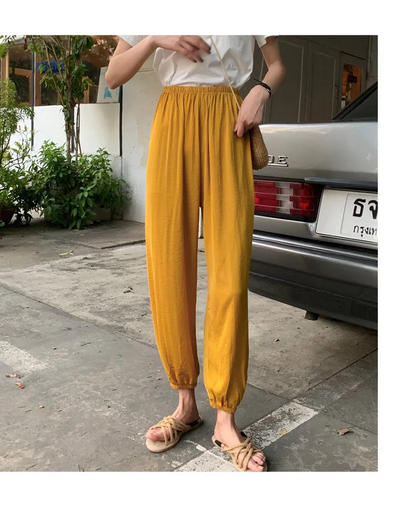Summer Ice Silk Wide Leg Pants High Waist Slim Look Casual Women All-Matching Drape Loose Lantern Cool Pants
