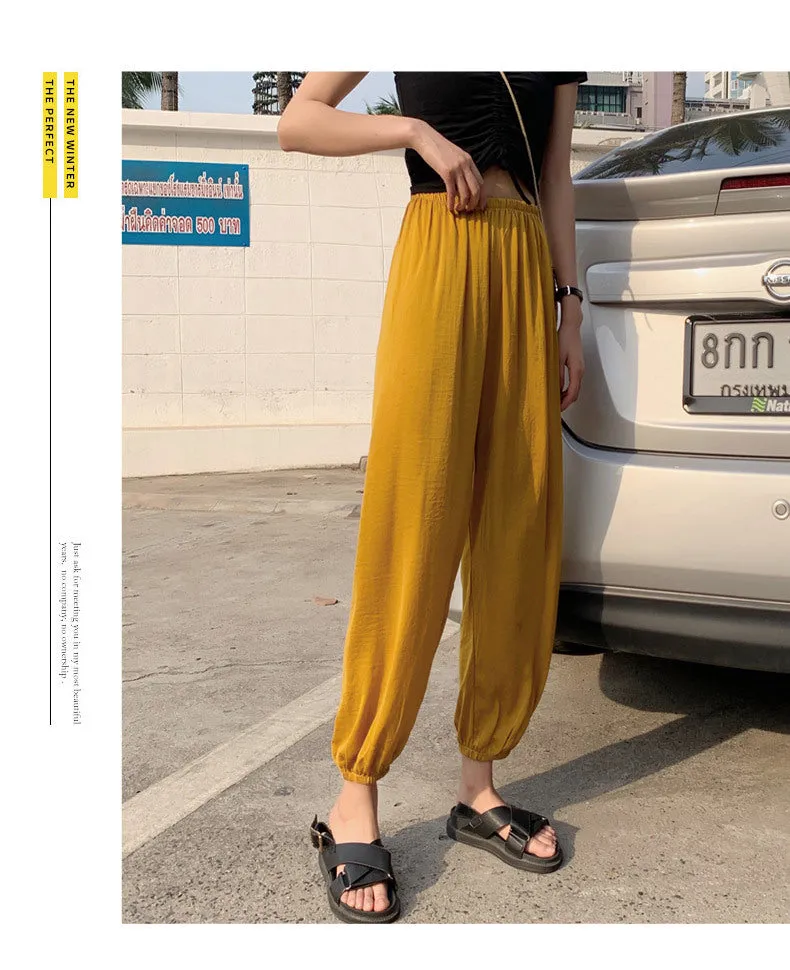 Summer Ice Silk Wide Leg Pants High Waist Slim Look Casual Women All-Matching Drape Loose Lantern Cool Pants