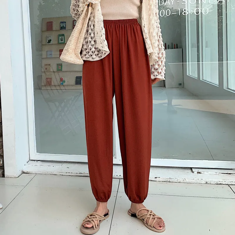 Summer Ice Silk Wide Leg Pants High Waist Slim Look Casual Women All-Matching Drape Loose Lantern Cool Pants