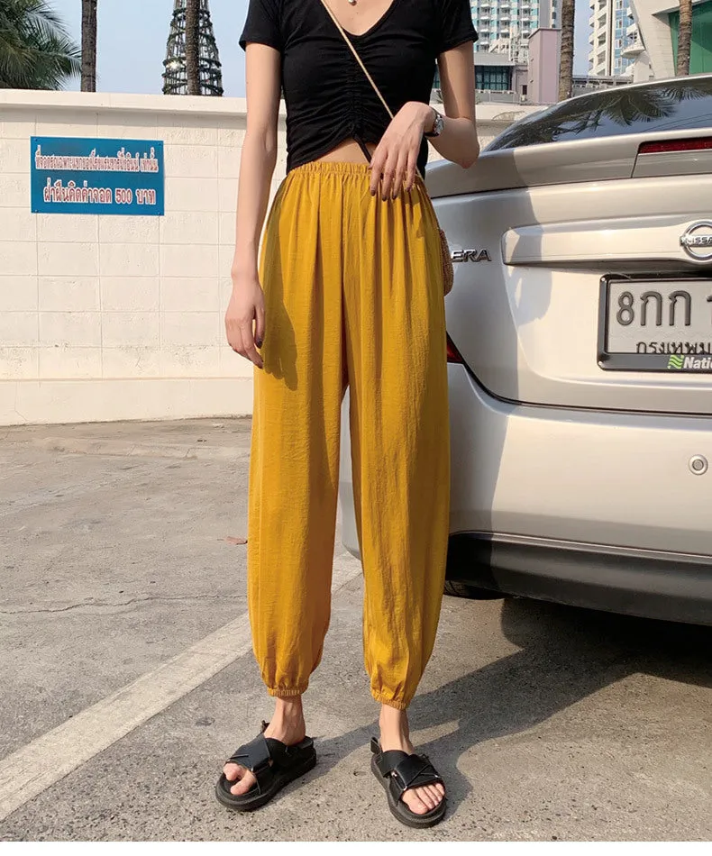 Summer Ice Silk Wide Leg Pants High Waist Slim Look Casual Women All-Matching Drape Loose Lantern Cool Pants