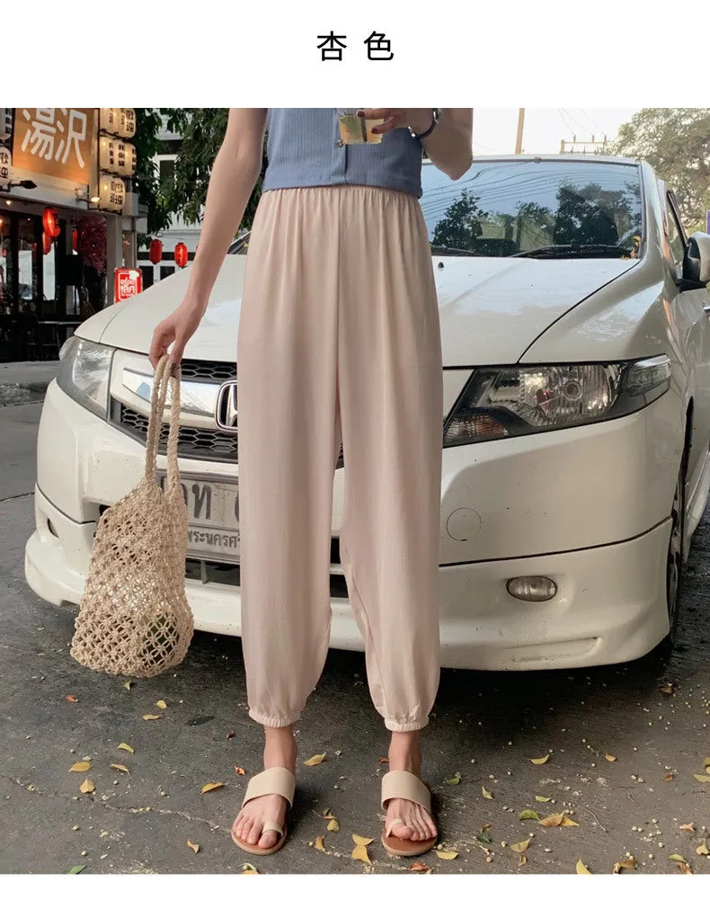 Summer Ice Silk Wide Leg Pants High Waist Slim Look Casual Women All-Matching Drape Loose Lantern Cool Pants
