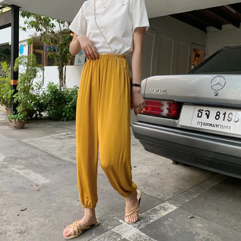 Summer Ice Silk Wide Leg Pants High Waist Slim Look Casual Women All-Matching Drape Loose Lantern Cool Pants