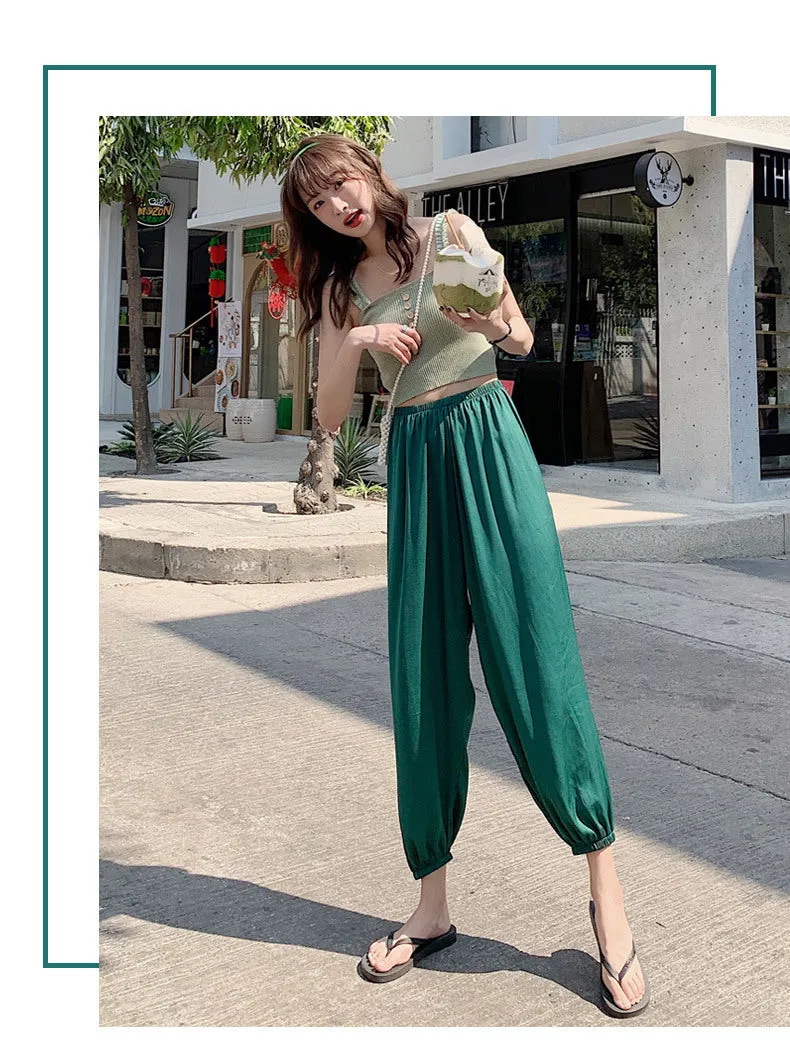 Summer Ice Silk Wide Leg Pants High Waist Slim Look Casual Women All-Matching Drape Loose Lantern Cool Pants