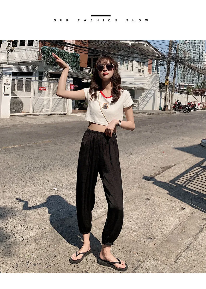 Summer Ice Silk Wide Leg Pants High Waist Slim Look Casual Women All-Matching Drape Loose Lantern Cool Pants