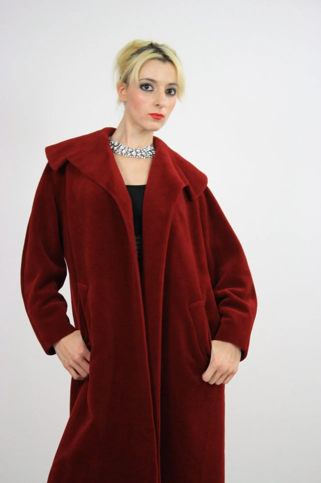 Vintage 50s Red wool swing coat Forstmann Fleur de Lis