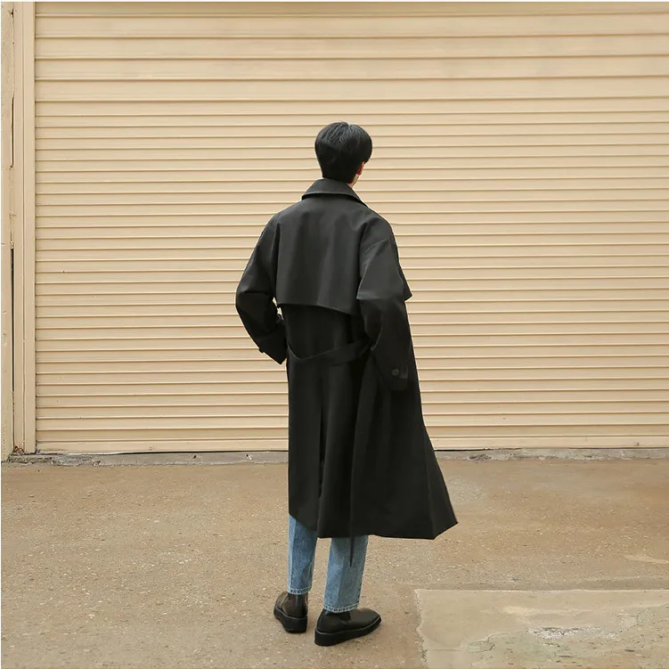 Voguable  Autumn New Korean Fashion Double Breasted Windbreaker Men's Middle Long Loose Handsome Men's Trench Coat Belt