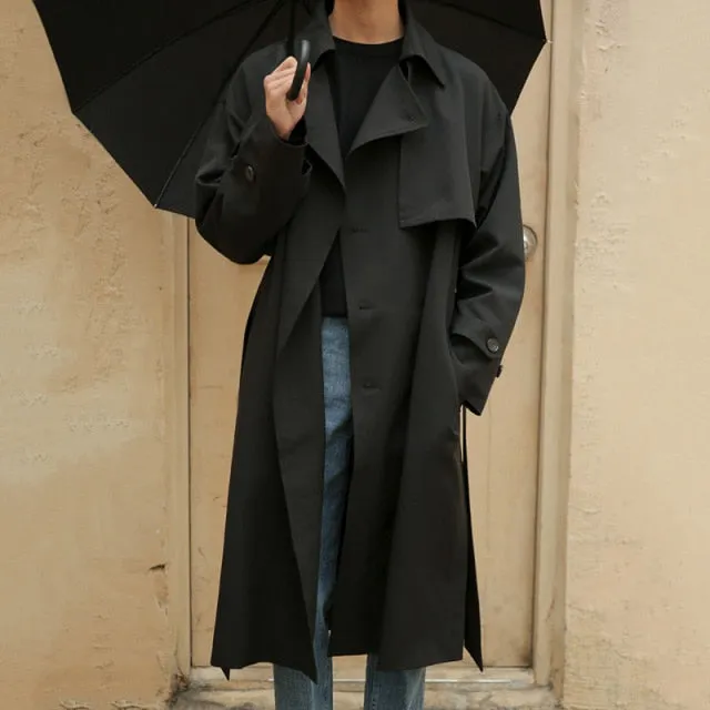 Voguable  Autumn New Korean Fashion Double Breasted Windbreaker Men's Middle Long Loose Handsome Men's Trench Coat Belt