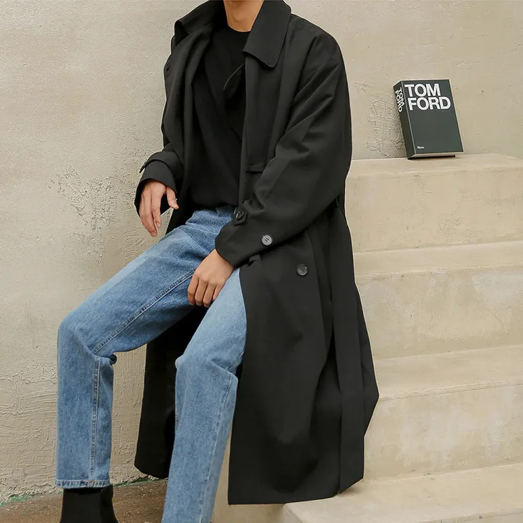 Voguable  Autumn New Korean Fashion Double Breasted Windbreaker Men's Middle Long Loose Handsome Men's Trench Coat Belt