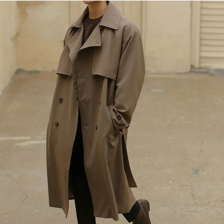 Voguable  Autumn New Korean Fashion Double Breasted Windbreaker Men's Middle Long Loose Handsome Men's Trench Coat Belt