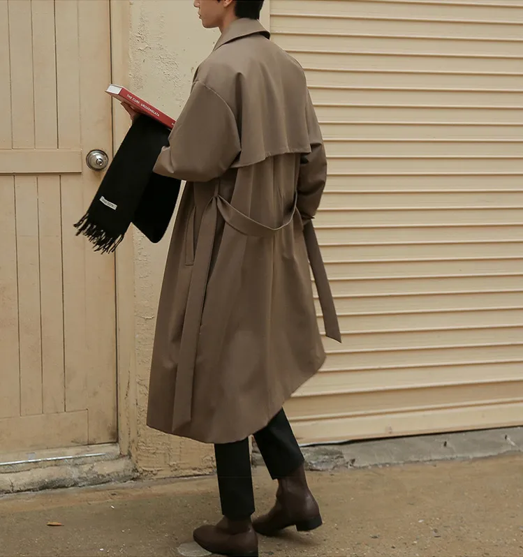 Voguable  Autumn New Korean Fashion Double Breasted Windbreaker Men's Middle Long Loose Handsome Men's Trench Coat Belt