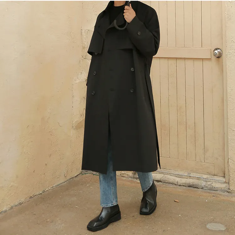 Voguable  Autumn New Korean Fashion Double Breasted Windbreaker Men's Middle Long Loose Handsome Men's Trench Coat Belt