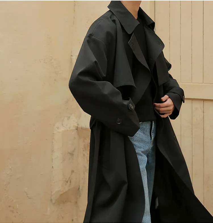 Voguable  Autumn New Korean Fashion Double Breasted Windbreaker Men's Middle Long Loose Handsome Men's Trench Coat Belt