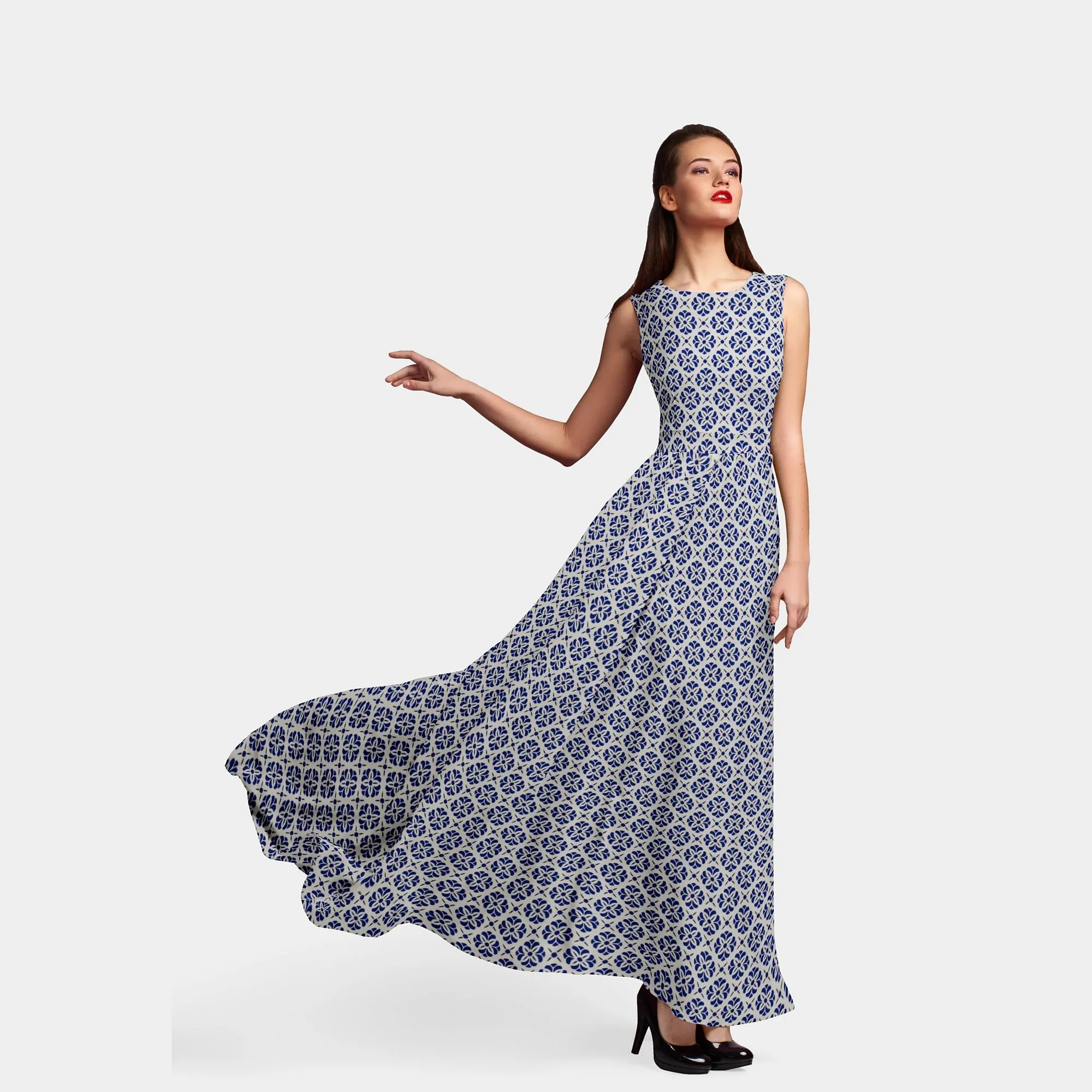 White & Blue Traditional Print Spun Fabric
